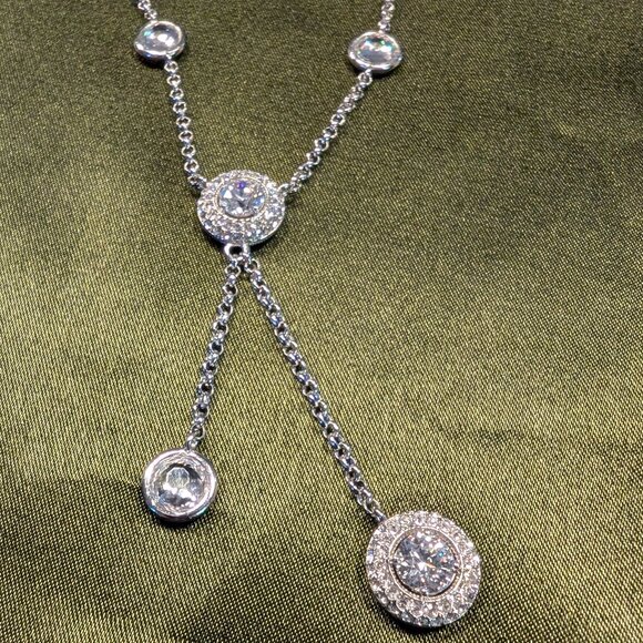 AVA Nadri Cubic Zirconia and Crystal Station Lariat Necklace in White Rhodium Br - Picture 4 of 8